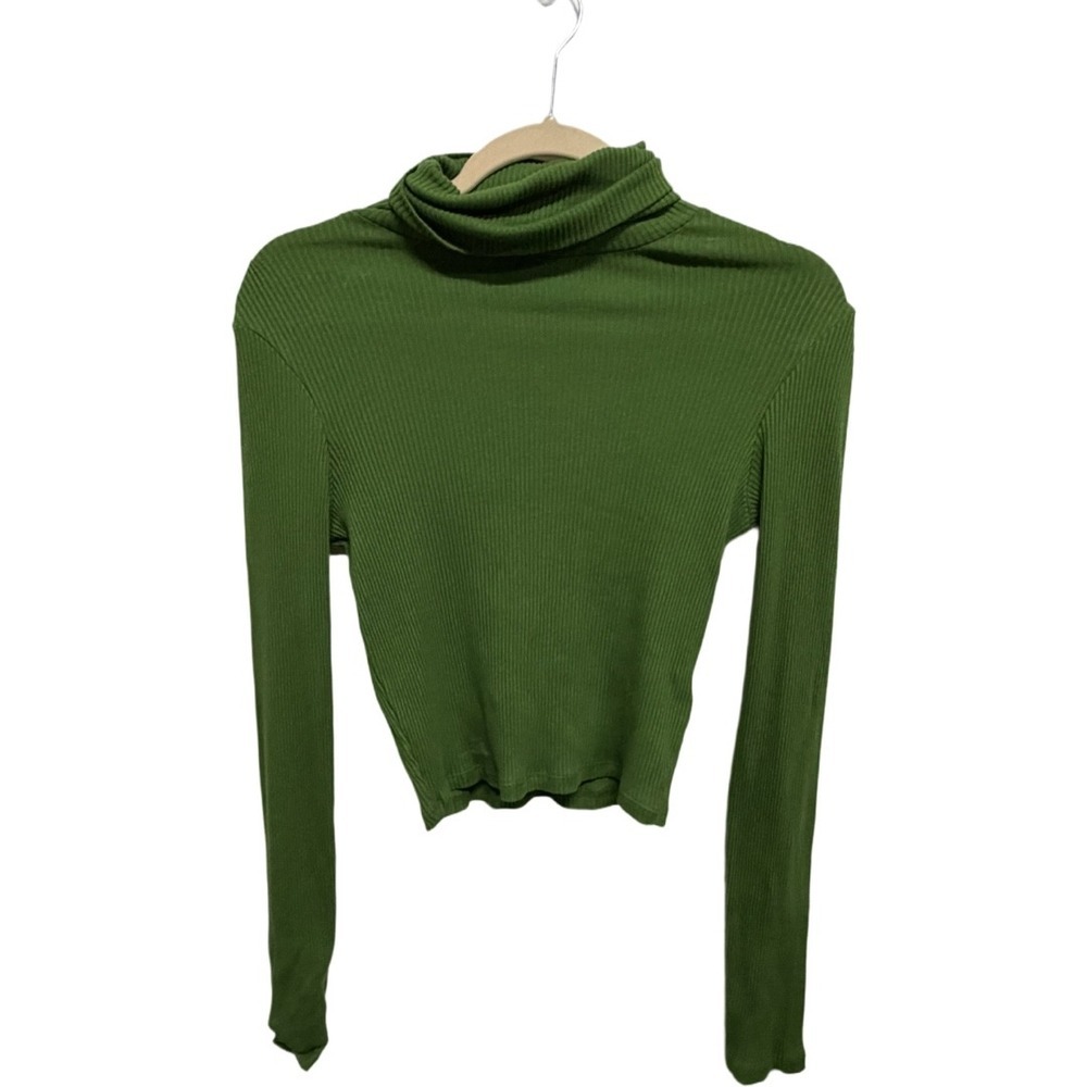 Topshop Turtleneck Crop Top US 4-6 Green Long Sleeve Fitted Y2K Minimalist